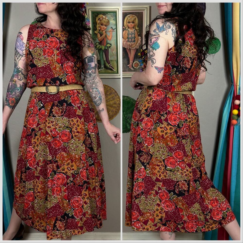 Vintage 1980s Sleeveless Floral and Patchwork Print Belted Midi Dress - Picture 4 of 7